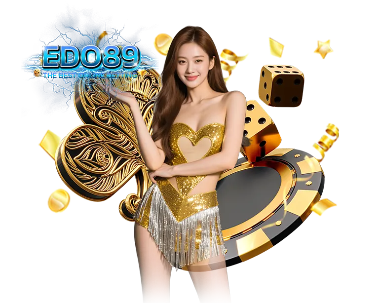 EDO89 เว็บสล็อต คาสิโน พริตตี้สาวสวยชุดทอง ลูกเต๋า และชิปคาสิโนนำโชค